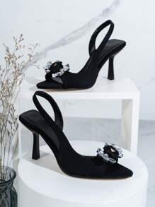 Women's Fashion High Heel Sandals, New Spring/Summer Outdoor Wear, Faux 3D Crystal Rose Flower Backstrap Open Toe Mule Heels, Sexy Pointed Toe Black High Heel Sandals Valentines