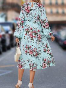 SHEIN Clasi Floral Print Lantern Sleeve Dress - Multicolor - View 2