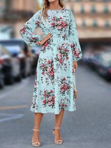 SHEIN Clasi Floral Print Lantern Sleeve Dress - Multicolor - View 3