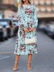 SHEIN Clasi Floral Print Lantern Sleeve Dress - Multicolor - View 4