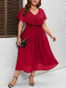 SHEIN Clasi Plus Rhinestone Detail Ruffle Trim Dress - Burgundy - View 5