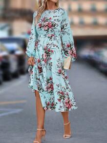 SHEIN Clasi Floral Print Lantern Sleeve Dress - Multicolor - View 5