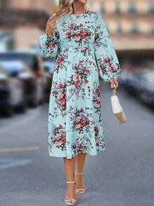 SHEIN Clasi Floral Print Lantern Sleeve Dress - Multicolor - View 9