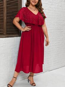 SHEIN Clasi Plus Rhinestone Detail Ruffle Trim Dress - Burgundy - View 6