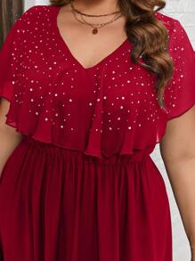 SHEIN Clasi Plus Rhinestone Detail Ruffle Trim Dress - Burgundy - View 7