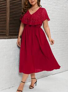 SHEIN Clasi Plus Rhinestone Detail Ruffle Trim Dress - Burgundy - View 1