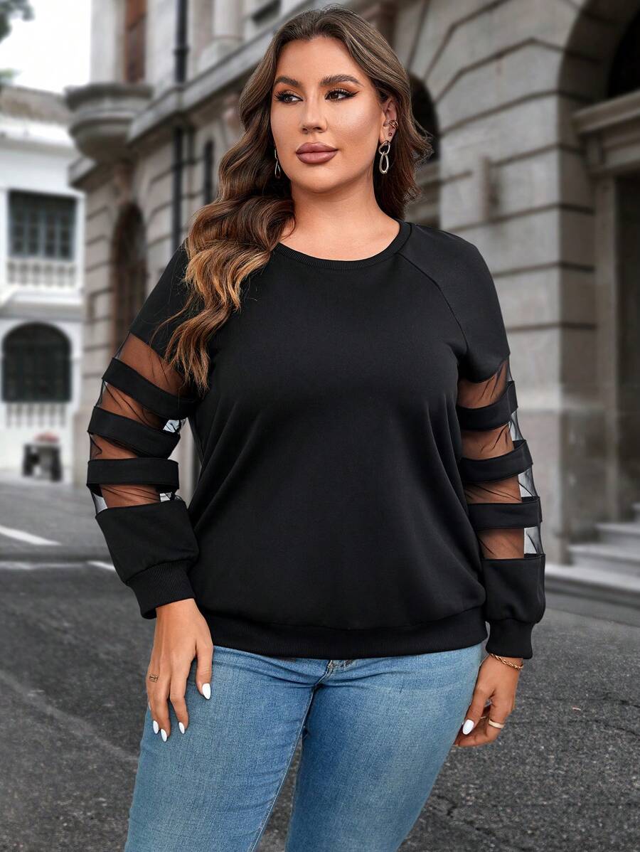 SHEIN LUNE 大碼網紗拼接插肩袖運動衫 - 黑色 - 查看 1