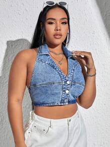 SHEIN EZwear 大碼露背前紐扣吊脖牛仔上衣 - 淺色水洗藍 - 查看 4