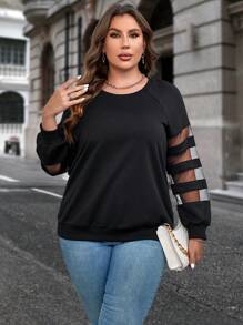 SHEIN LUNE 大碼網紗拼接插肩袖運動衫 - 黑色 - 查看 4