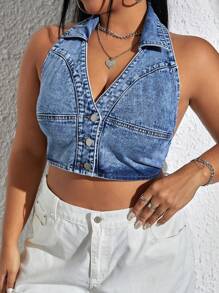SHEIN EZwear 大碼露背前紐扣吊脖牛仔上衣 - 淺色水洗藍 - 查看 5