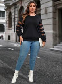 SHEIN LUNE 大碼網紗拼接插肩袖運動衫 - 黑色 - 查看 5