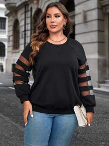 SHEIN LUNE 大碼網紗拼接插肩袖運動衫 - 黑色 - 查看 6