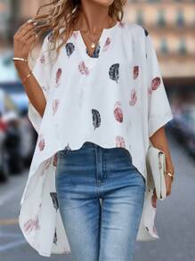 SHEIN LUNE Feather Print High Low Hem Batwing Sleeve Blouse - White - View 4