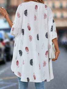 SHEIN LUNE Feather Print High Low Hem Batwing Sleeve Blouse - White - View 2