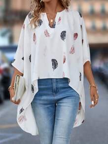 SHEIN LUNE Feather Print High Low Hem Batwing Sleeve Blouse - White - View 3