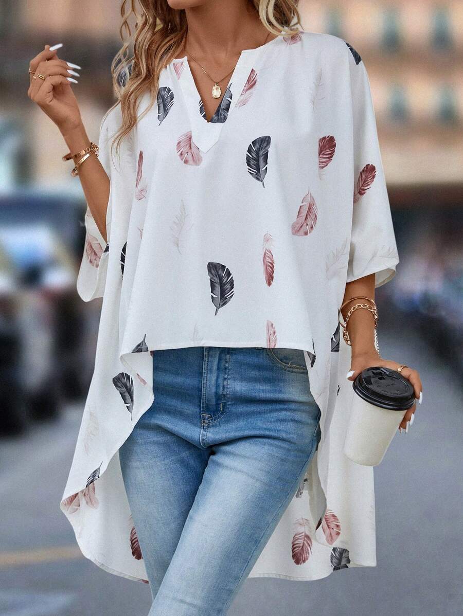 SHEIN LUNE Feather Print High Low Hem Batwing Sleeve Blouse - White - View 1