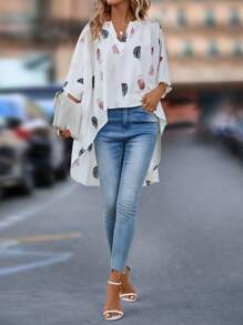 SHEIN LUNE Feather Print High Low Hem Batwing Sleeve Blouse - White - View 5