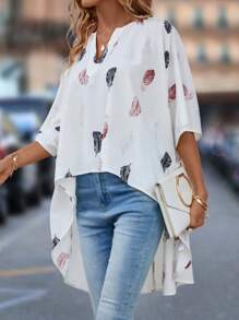 SHEIN LUNE Feather Print High Low Hem Batwing Sleeve Blouse - White - View 6