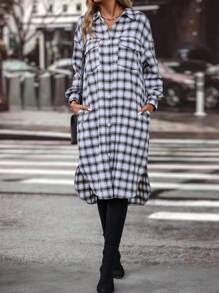 SHEIN Clasi 格紋印花落肩袖外套 - 黑與白 - 查看 3