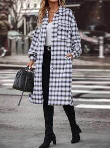 SHEIN Clasi 格紋印花落肩袖外套 - 黑與白 - 查看 5