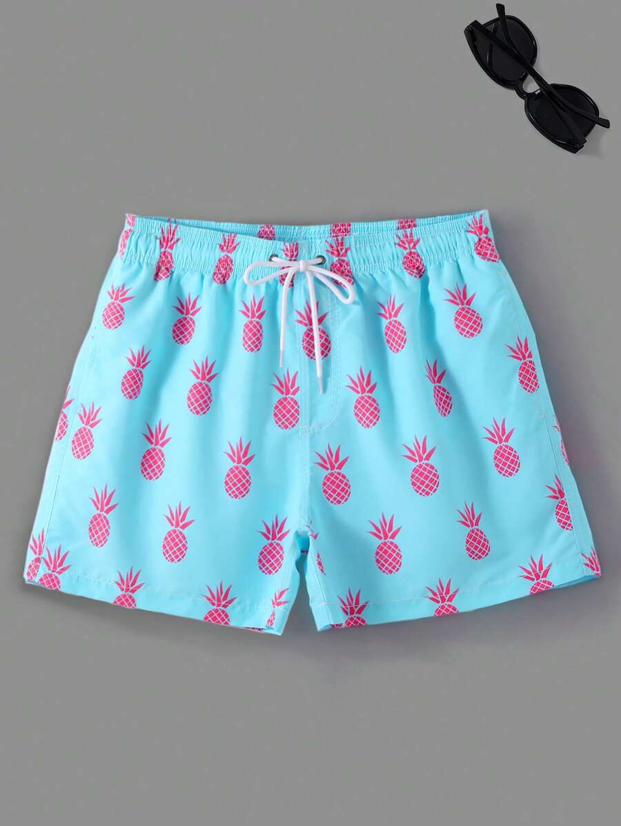Surfspeed 男士菠萝印花抽绳腰泳裤图案泳池短裤，适合海滩、度假、夏威夷风情 - 藍色 - 查看 1
