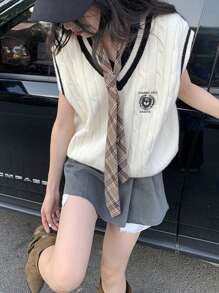 Alicedudu Contrast Trim Cable Knit Sweater Vest - Beige - View 3