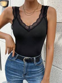 SHEIN Privé Contrast Lace Tank Bodysuit - Black - View 1