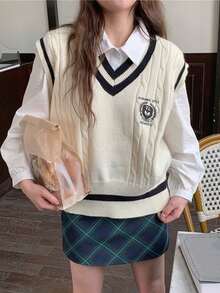 Alicedudu Contrast Trim Cable Knit Sweater Vest - Beige - View 7