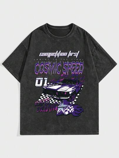 Street Life Camiseta Gráfica Para Hombre Con Lavado De Nieve Con Diseño De Automóvil Y Letras Vintage