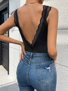 SHEIN Privé Contrast Lace Tank Bodysuit - Black - View 5