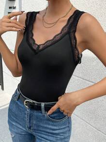 SHEIN Privé Contrast Lace Tank Bodysuit - Black - View 6