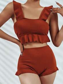 紋理質感比基尼套裝荷葉邊背心上衣和短褲2入組泳衣 - 鏽棕色 - 查看 1