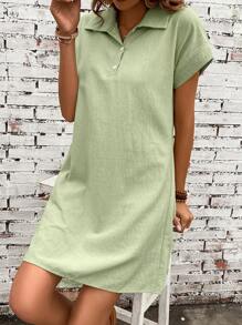 SHEIN LUNE Polo領蝙蝠袖直筒連衣裙 - 綠色 - 查看 1