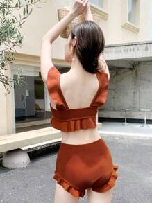 紋理質感比基尼套裝荷葉邊背心上衣和短褲2入組泳衣 - 鏽棕色 - 查看 2