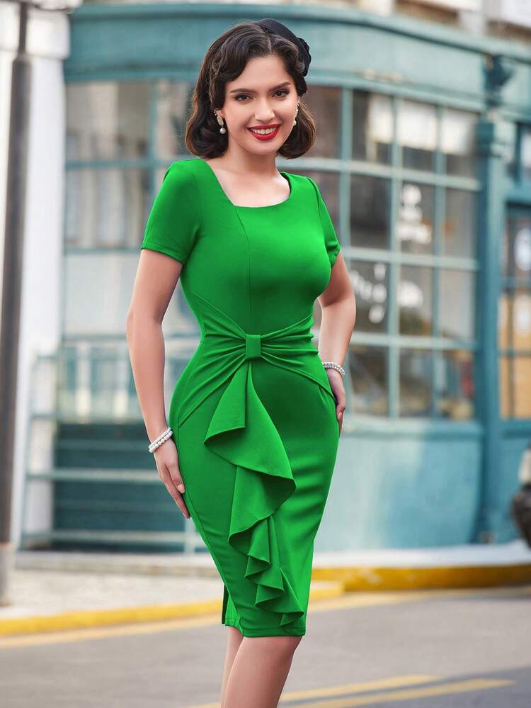 MUXXN Asymmetrical Neck Knot Front Bodycon Dress - Green - View 4