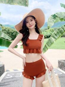 紋理質感比基尼套裝荷葉邊背心上衣和短褲2入組泳衣 - 鏽棕色 - 查看 3