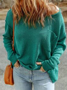 CILKOO 素色落肩袖套頭毛衣 - 綠色 - 查看 1