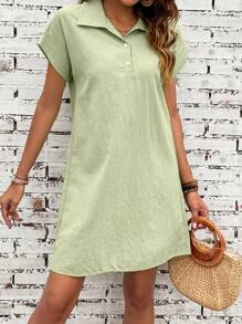 SHEIN LUNE Polo領蝙蝠袖直筒連衣裙 - 綠色 - 查看 3