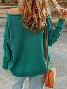 CILKOO 素色落肩袖套頭毛衣 - 綠色 - 查看 2