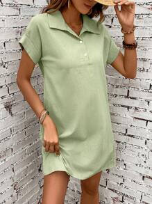 SHEIN LUNE Polo領蝙蝠袖直筒連衣裙 - 綠色 - 查看 4