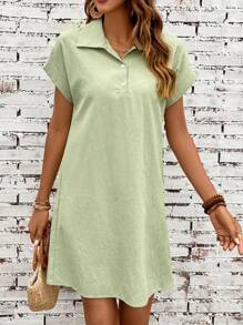 SHEIN LUNE Polo領蝙蝠袖直筒連衣裙 - 綠色 - 查看 5