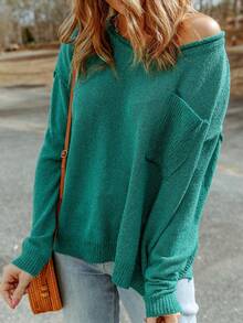 CILKOO 素色落肩袖套頭毛衣 - 綠色 - 查看 5