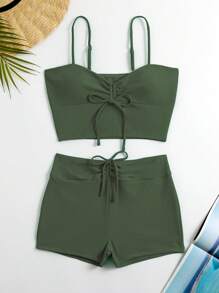 Women Tankinis Simpul Plain Anggun - Hijau Tentara - View 2