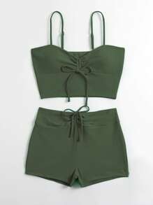Women Tankinis Simpul Plain Anggun - Hijau Tentara - View 3