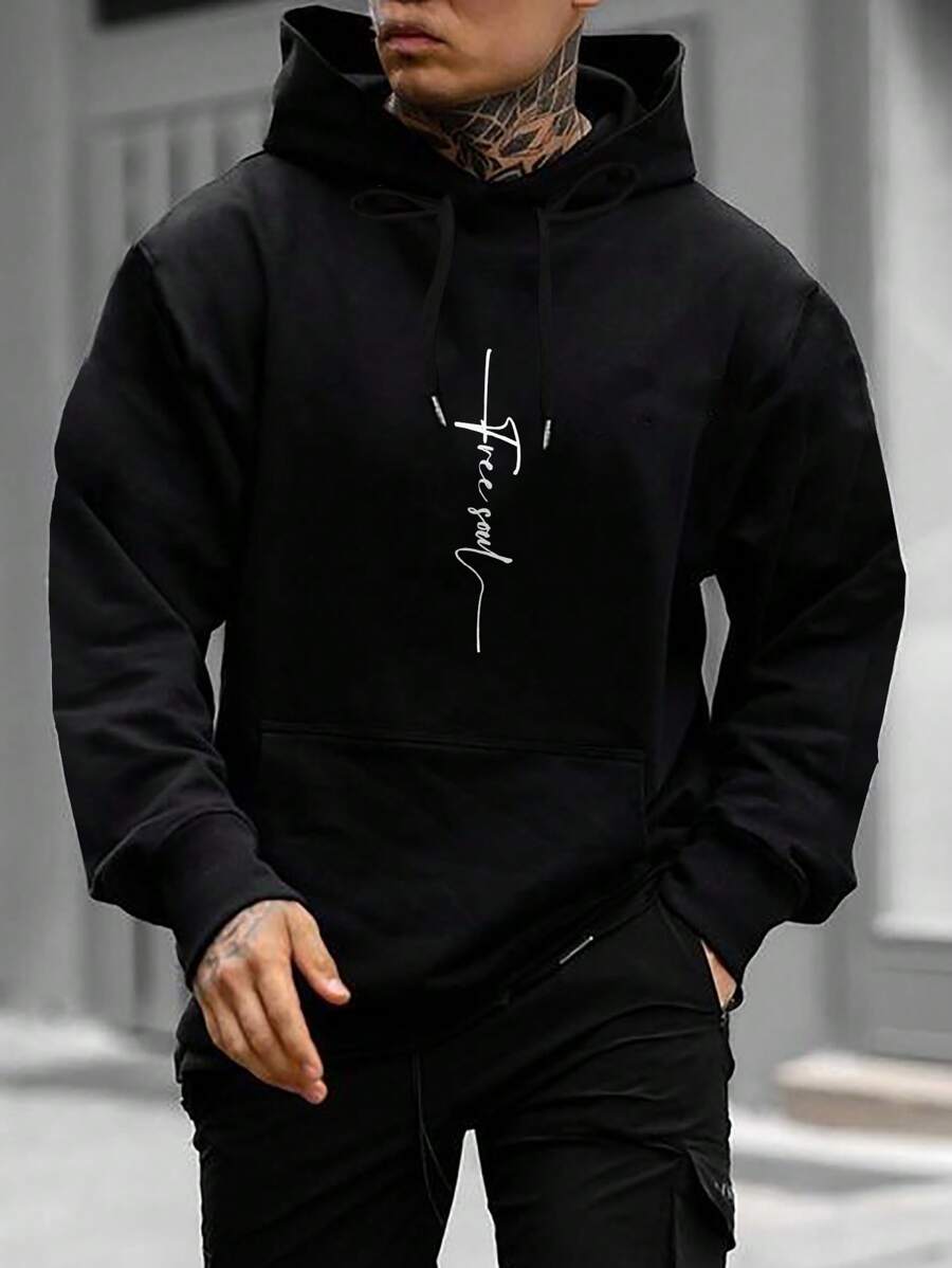 Manfinity Homme Nam Đồ họa Chữ cái Túi kangaroo Dây rút Hoodie - màu đen - Xem 1