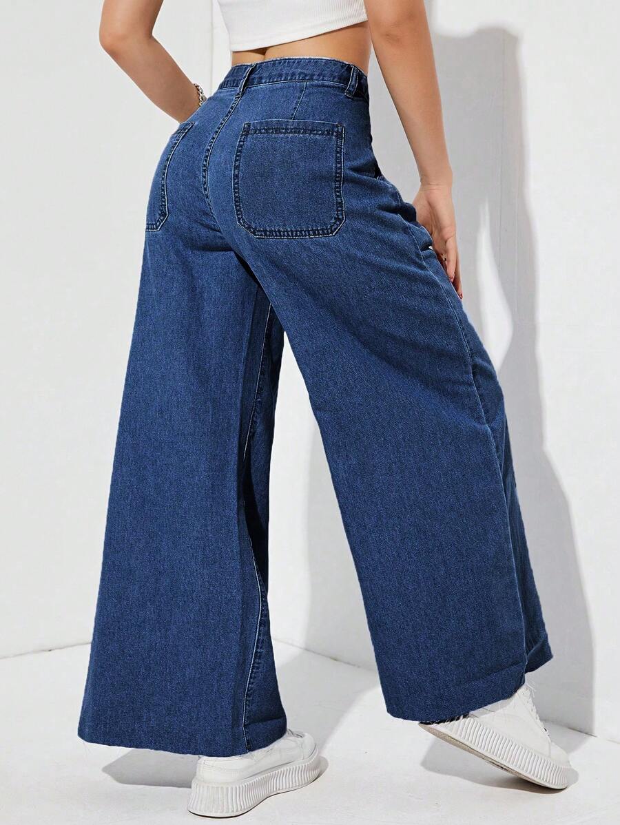 SHEIN EZwear 素色闊腿牛仔褲 - 深色水洗藍 - 查看 1