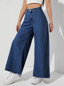 SHEIN EZwear 素色闊腿牛仔褲 - 深色水洗藍 - 查看 2