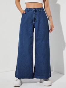 SHEIN EZwear 素色闊腿牛仔褲 - 深色水洗藍 - 查看 4