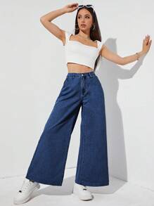 SHEIN EZwear 素色闊腿牛仔褲 - 深色水洗藍 - 查看 5