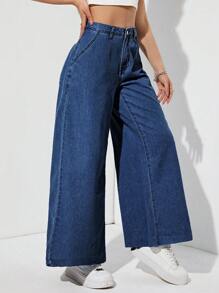 SHEIN EZwear 素色闊腿牛仔褲 - 深色水洗藍 - 查看 6